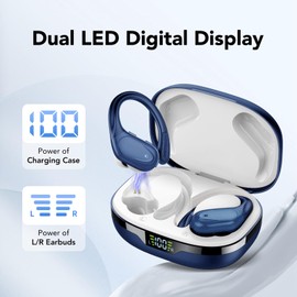 Bluetooth Sports Headphones, Wireless Bluetooth 5.3, 60 Hours Wireless Headphones with Deep Bass, In-Ear Headphones with 4 ENC Clear Mic, IPX7 Waterproof Earphones with Ear Hooks, White / Blue