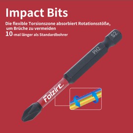 Folzirt 70 mm Long Magnetic PH2/PZ2/Torx S2 Steel Bit Set for Cordless Screwdriver, 10 Pieces Impact Screwdriver Bits Set, 1/4 Inch Hex Shank Phosphide Black Impact Wrench Accessories