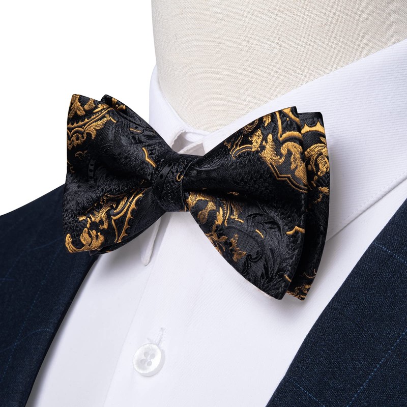 DiBanGu Mens Black and Gold Pretied Bow Ties Floral Bowtie