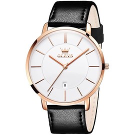 OLEVS Watches for Men Ultra Thin Minimalist Big Face White Dial Date Calendar Waterproof,Slim Simple Business Casual Dress Analog Wrist Watch Gifts with Classic Leather Band Black