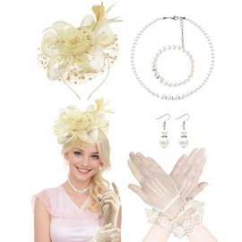 Bnsikun Fascinator Hat for Women Tea Party Hats Mesh Veil Headband Tea Party Headpiece and Lace Glove Set for Women