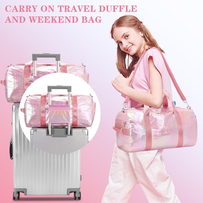 NESPHY Sports Gym Duffle Bag for Women Girls, Metallic Pink