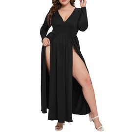 SILUI Women's Summer 2025 Sexy Double High Slit Deep V Neck Plus Size Sundresses Thigh Split Maxi Club Party Dresses Black