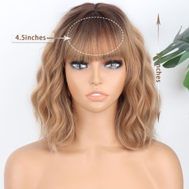 MISSQUEEN Short Blonde Wig with Bangs Synthetic Curly Wavy Ombre Blonde Wigs for Women Bob Wavy Wig Daily Use