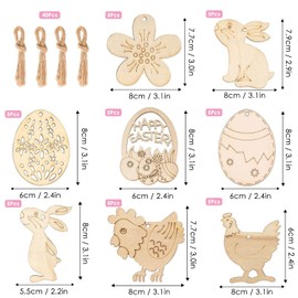 WELLXUNK Easter Pendants, Pack of 40 DIY Easter Decoration, DIY Easter Bunny, Wooden Easter Pendants, Unfinished Ornaments Easter Egg, Easter Crafts Wood for Children, Easter Party Accessories, DIY