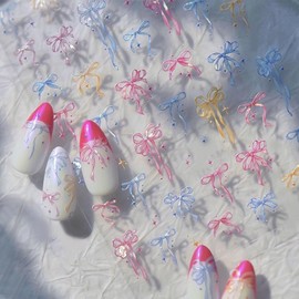 Aurora Bow Nail Art Stickers 5D Embossed Colored Bow Nail Stickers Pink Blue Yellow Cute Ribbon Bow Tie Design Nail Decals Kawaii Ribbon Bow Manicure Supplies for Women Girls DIY Nail Decorations