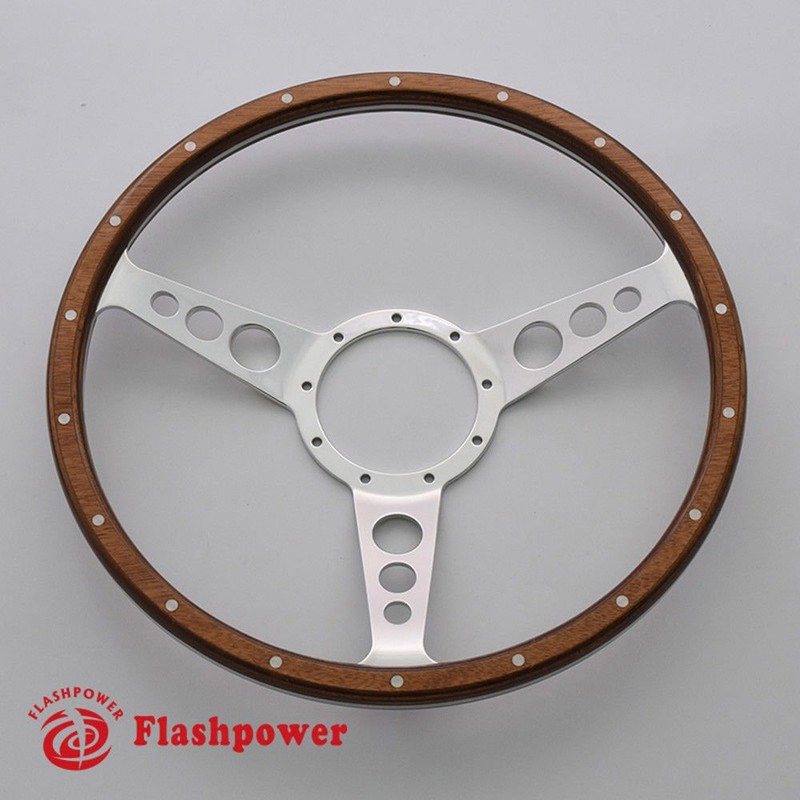 Flashpower 14'' Classic Riveted wooden steering wheel with Horn Button