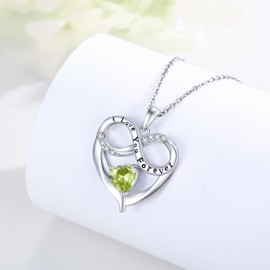 TANGPOET Heart Necklace for Women Girls Sterling Silver August Peridot Birthstone Pendant I Love You Forever Engraved Jewellery Gifts for Mom Wife Girlfriends on Birthday Anniversary Christmas