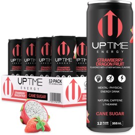 UPTIME Energy Drink, Strawberry Dragon Fruit Cane Sugar, 12 Pack, Vitamin C, L Theanine, Calcium, Energy Drinks for Focus Support, 142mg of Natural Caffeine per Serving, Clean, Natural, 12 fl oz Cans