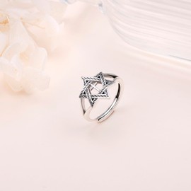 S925 Sterling Silver Star of David Adjustable Ring Black Cross Rings Religous Christian Jewish Hexagram Jewelry Birthday Gift,Size 9