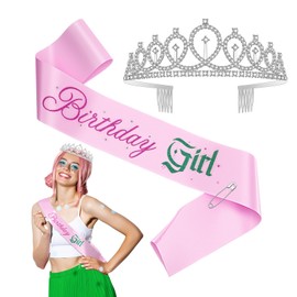 Landical Princess and Witch Birthday Crown and Sash for Women Her Glitter Pink and Green Birthday Sash and Rhinestone Tiara Set for Party Decoration Cosplay Outfit Movie Fans Merch Gifts