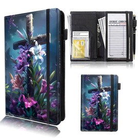 GYSYSQSH Server Book for Waitress & Waiter 9" x 5" Serving Books Organizer with Zipper Money Pocket Restaurant Guest Check Book Pen Holder Wallet Note Pads Fit Server Aprons,Christian Jesus Cross Flower