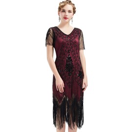 BABEYOND 1920s Art Deco Fringed Sequin Dress Roaring 20s Flapper Fancy Dress Red and Black