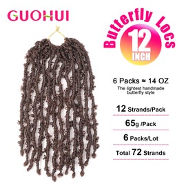 GUOHUI Super Light Butterfly Locs Crochet Hair 12 Inch 6 Packs Pre-Looped Soft Distressed Faux Locs Braids for Women Kids (12 Inch,33#)