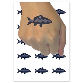 Mountain Scene Fish Silhouette Temporary Tattoo Water Resistant Fake Body Art Set Collection - 54 1" Tattoos (1 Sheet)