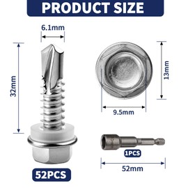 52 PCS Self Tapping Screws Metal M6.3X32MM Hex Head Self Drilling Screws 410 Stainless Steel Tech Screws for Metal Self Tapping Bolts for Ventilation Pipes Corrugated Roofing Windows with Hex Socket