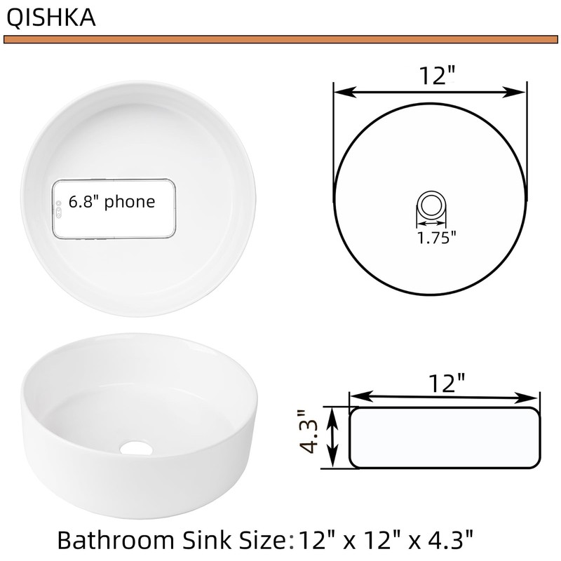12 Inch Round Bathroom Sink Above Counter, QISHKA Small White