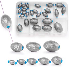 Realure 25 Pcs/8 Sizes Egg Shaped Sea Fishing Weights with Plastic Core Set, Drop Bass Weights Sinker Kit Casting Fishing Oval Sinkers, for Sea Carp Freshwater Fishing