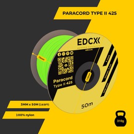 EDCX 3 mm Nylon Paracord 425 (50 and 100 m) - Type II, 100% Nylon Rope, 3 Stranded Rope, 3 mm Nylon Rope in Many Colours, Solid Colour (Neon Green, 50 m)