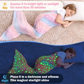 Viviland Kids Mermaid Tail Blanket - Mermaid Tail Blankets Glow in The Dark - Flannel Mermaid Blanket Gifts for Girls - Luminous Star Super Soft Tie Dye Girls Toys - Multicolor Star 17"×39"