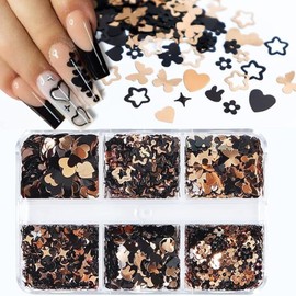 Chunmeng 6 Grids Heart Butterfly Nail Art Glitter Sequins, Gold and Black Nail Flakes Designs Stars Flowers Rabbit Sparkly Nails Supplies for Charms Decorations DIY (Black Gold)