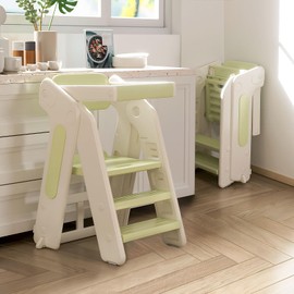 Toddler Tower Kitchen Stool Helper,Foldable/Adjustable Height Kids StandingTower Stool W/CPC Certification,for Kitchen Counter Bathroom Sink Cooking Child Ladder for Toddlers W/Safty Rail(Grey White)