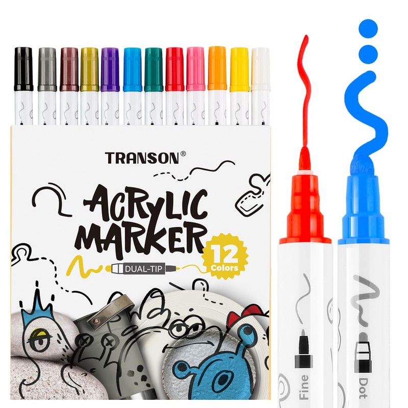 TRANSON 12 Color Bold and Fine Dual-tip Acrylic Paint Pen