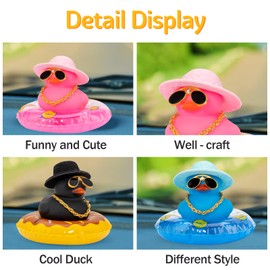 wonuu Car Duck Ornament Dashboard Decorations Rubber Duck Car for Car Dashboard Accessories with Swim Ring Sunglasses Hat and Necklace, A_Blue Duck&Blue Hat&Blue