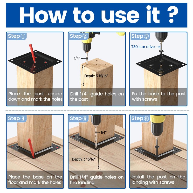 Muzata 4Pack 3.5"x3.5" Wood Post Plate Connector Deck Post Base