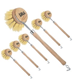 LOLA, The Original- Pot & Pan Brush, 6 Pack, Heavy Duty Brass Wire & Tampico Bristles, Handle Made from Sustainable Birch Wood for Cleaning