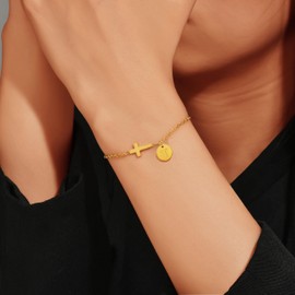 JUTOLOKA 18K Gold Plated Cross Link Bracelets for Women | Tiny Cute Initial A-Z Cross Bracelets | Adjustable Chain Bracelet | Religious, Christian Baptism Gift for Her, T., Stainless Steel, no