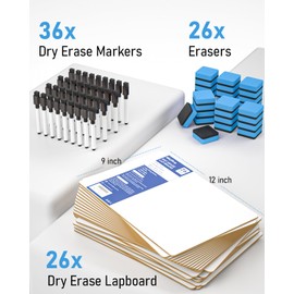 Nicpro 26 Pack Dry Erase Lap Board Kid Double Sided Small Whiteboard 9 x 12 inches with 36 Pens and 26 Erasers Learning Mini White Board Portable Bulk School Supplies for Student and Classroom Use