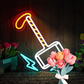 Hammer of Norse Mythology Neon Sign, Superhero Decorations - 13.7"x13.2", LED light for Wall Decor, Dimmable USB Powered, White Orange Ice Blue