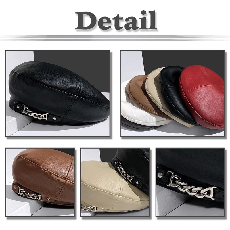White Fang CZ336 Beret Leather Chain, Simple, Rock Hat, For