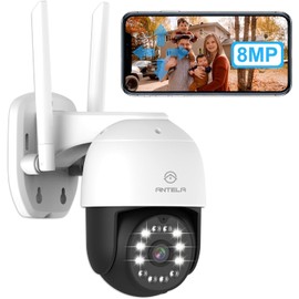ANTELA 8 MP externe WLAN-Kamera, Nachtsicht in Farbe/IR/Smart 50 m mit Projektor, Bewegungserkennung, 360°PTZ mit 24/7-Aufnahme, IP65, 2,4 GHz