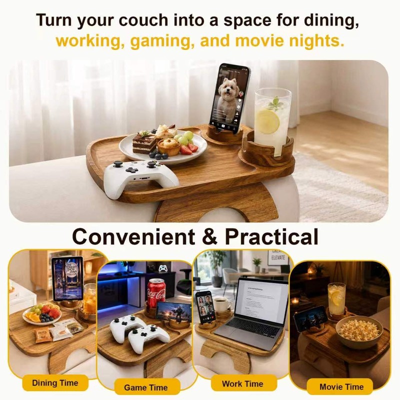 Couch Armrest Table,3-in-1 Clip On Acacia Wood Sofa Armrest Tray