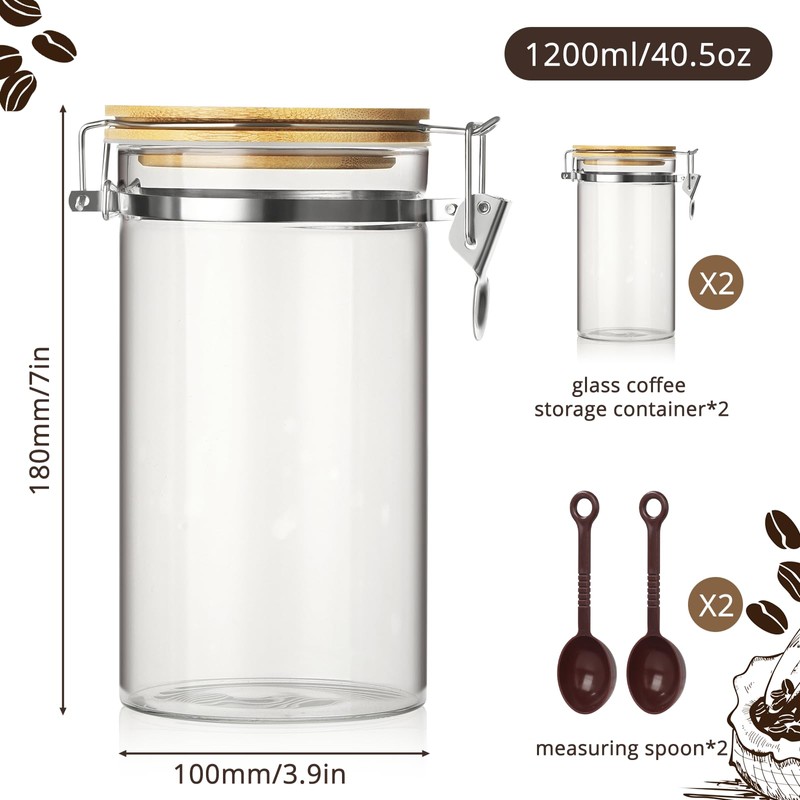 VZZNN 2 Pack Coffee Bean Storage Container with Airtight Bamboo