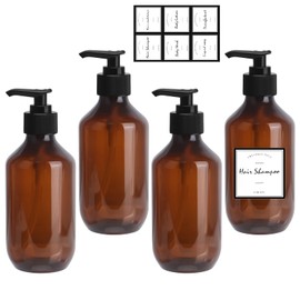 4 Pieces Empty Shampoo Bottles, 300ml Soap Pump Bottle Dispenser, Refillable Lotion Bottle with 6 Waterproof Labels, Brown Empty Press Pump Bottles for Lotion, Shampoo