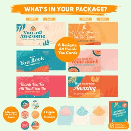 Decorably 24 Pack 6x4in Employee Appreciation Cards with Envelopes and Stickers, 6 Retro Designs Staff Appreciation Cards, Blank Inside - Promotion, Recognition, Work Anniversary
