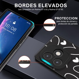 Duccinp Funda para Realme GT 6 5G y Realme GT 6T 5G Case, Ultrafina Flexible Suave TPU Silicona Negro Carcasa con Corazón Blanco Simple Dibujos, Antigolpes Anti-arañazos Protectora Case
