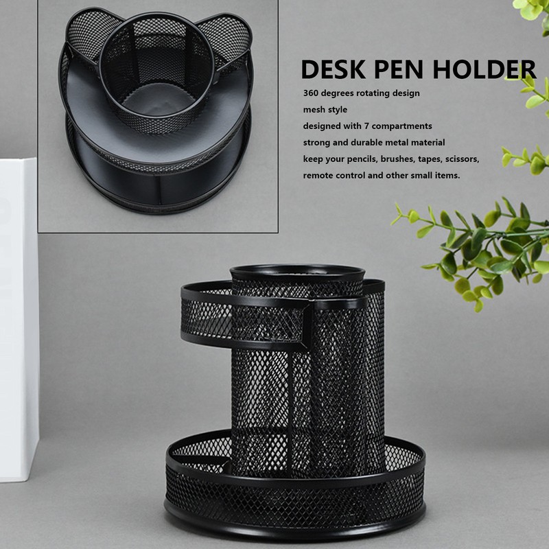 Rotating Pen Holder Black Mesh 7 Compartments Strong Metal Rotating