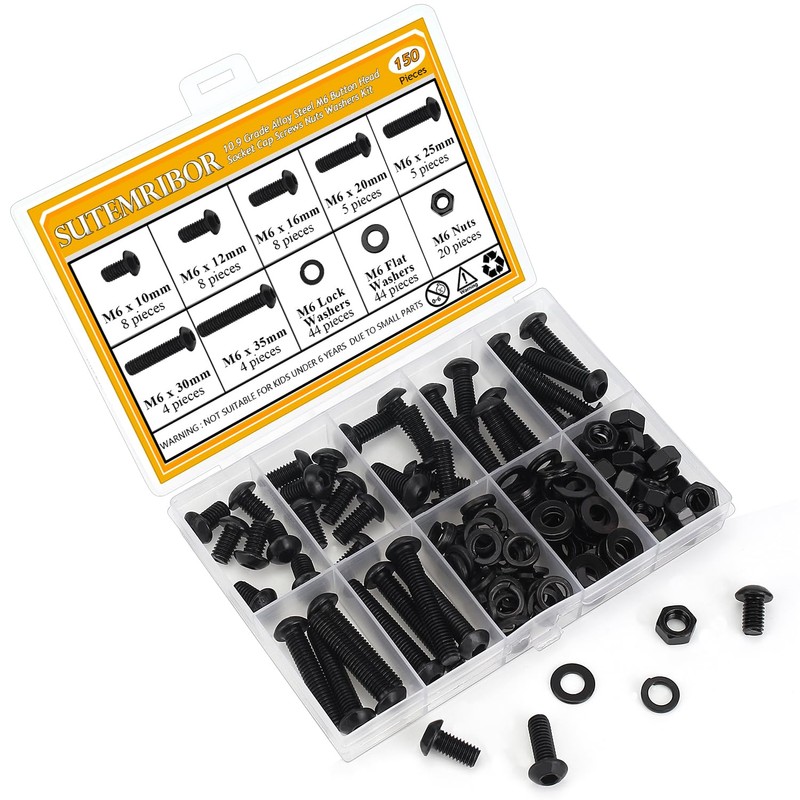 150 Pieces M6 Screws Nuts Washers Set Black, Sutemribor M6