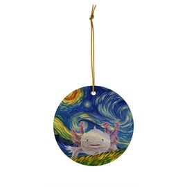 Whimsical Night Sky Pink Axolotl Christmas Ornament Circle Ceramic - Impressionist Pet Portrait Memorial Keepsake Gifts for Amphibian Lovers
