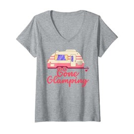 Womens Gone Glamping Nature Camping Trip Campfire Glamper V-Neck T-Shirt