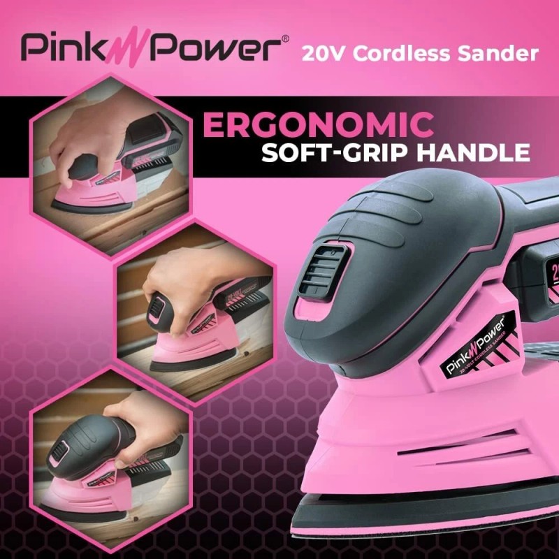 Pink Power 20V Cordless Handheld Wood Detail Sander w/ Battery