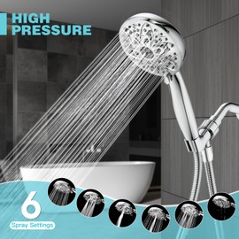 6-Setting Shower Head with Handheld, JDO High Pressure Hand held Shower Head, 4.7 Inch Chrome Detachable Showerhead Set with 59 Inch Stainless Steel Hose and Adjustable Showerhead Holder