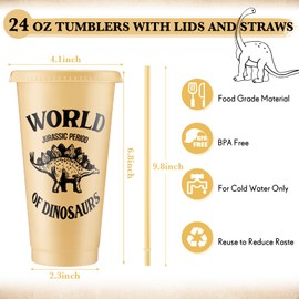 Mifoci 12 Pcs Dinosaur Cup with Lids and Straws Set 24 oz Reusable Party Favor Cups Plastic Kids Cups with Lids Dinosaur Table Decorations for Beverage Birthday Party Summer Dino Supplies (Khaki)