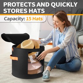 kushon Oversized Hat Storage Box for Women & Men，19" D x 17" H Cowboy Hat Boxes with 1 Wood Hook Felt travel Round Hat Organizer Box with Dustproof Lid（Black）