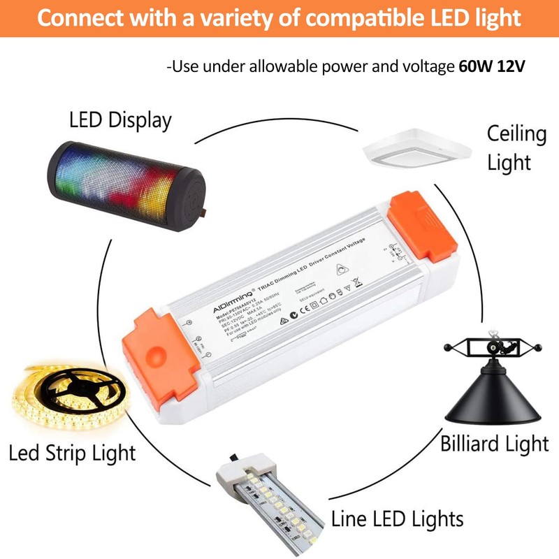 LEDMO Dimmable LED Driver 12V DC 60W Quiet Operation Universal