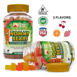 NOMMY BEARS MULTIVITAMIN Gelatin-Free Gummies: for Kids, Children, Teens, Nom Nom Yummy, 3 Delicious Flavors, 11 Essentials, Gluten-Free, Halal Certified, Mommy Approved, Bear Shapes, Vegetarian